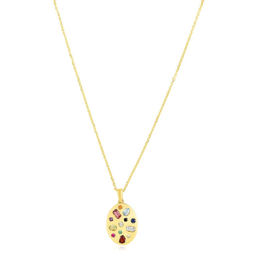 14k Yellow Gold High Polish Oval Gemstone Inlay Necklace-Teresa&#39;s Fashionista LLC