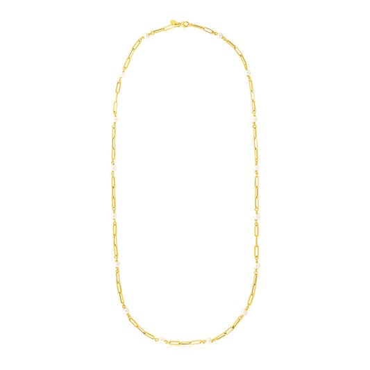 14k Yellow Gold Paperclip Chain and Pearl Necklace-Teresa&#39;s Fashionista LLC