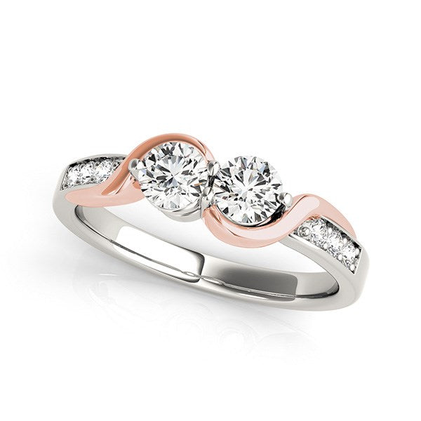 14k White And Rose Gold Round Two Diamond Curved Band Ring (5/8 cttw)-Teresa&#39;s Fashionista LLC