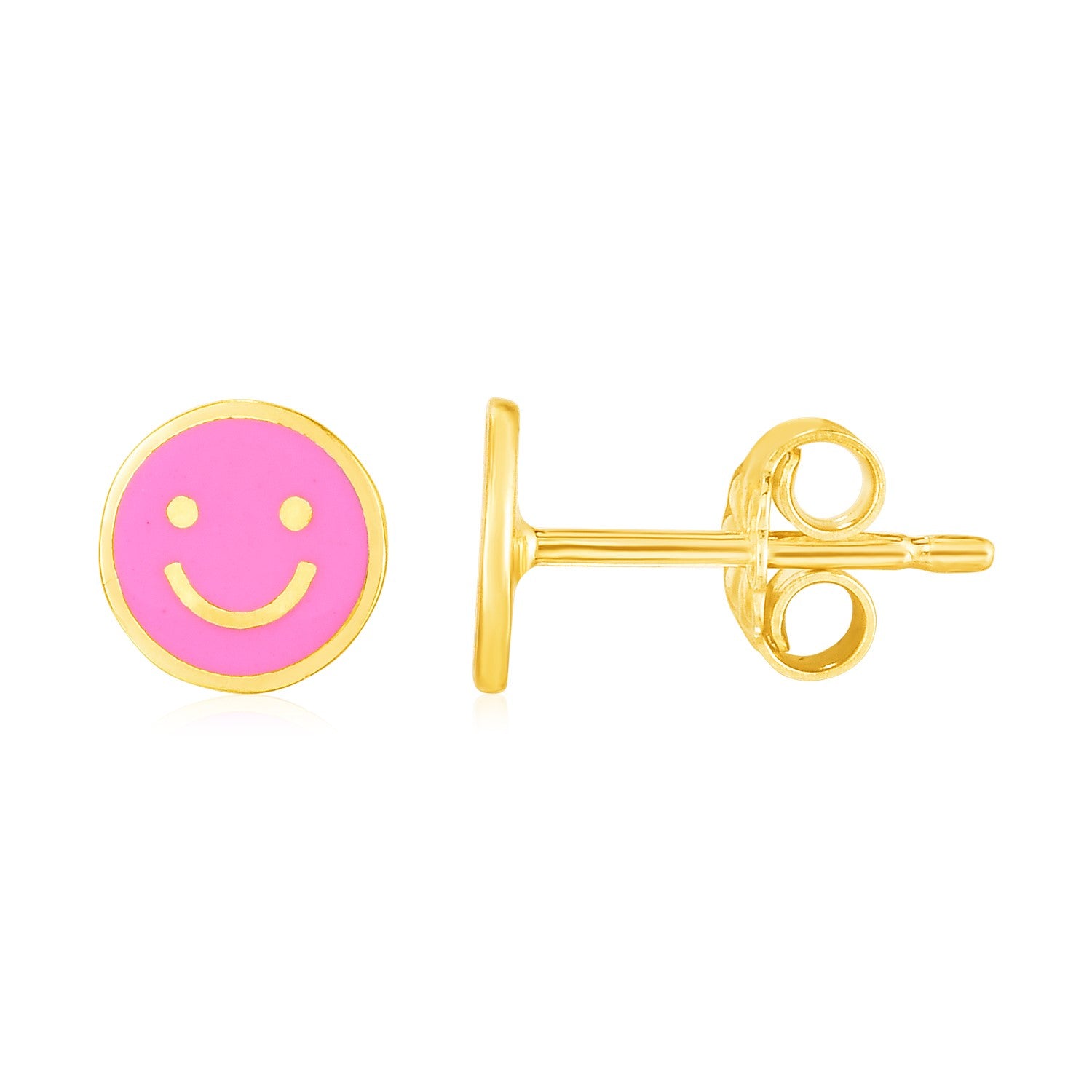 14k Yellow Gold and Enamel Pink Smiley Face Stud Earrings-Teresa&#39;s Fashionista LLC