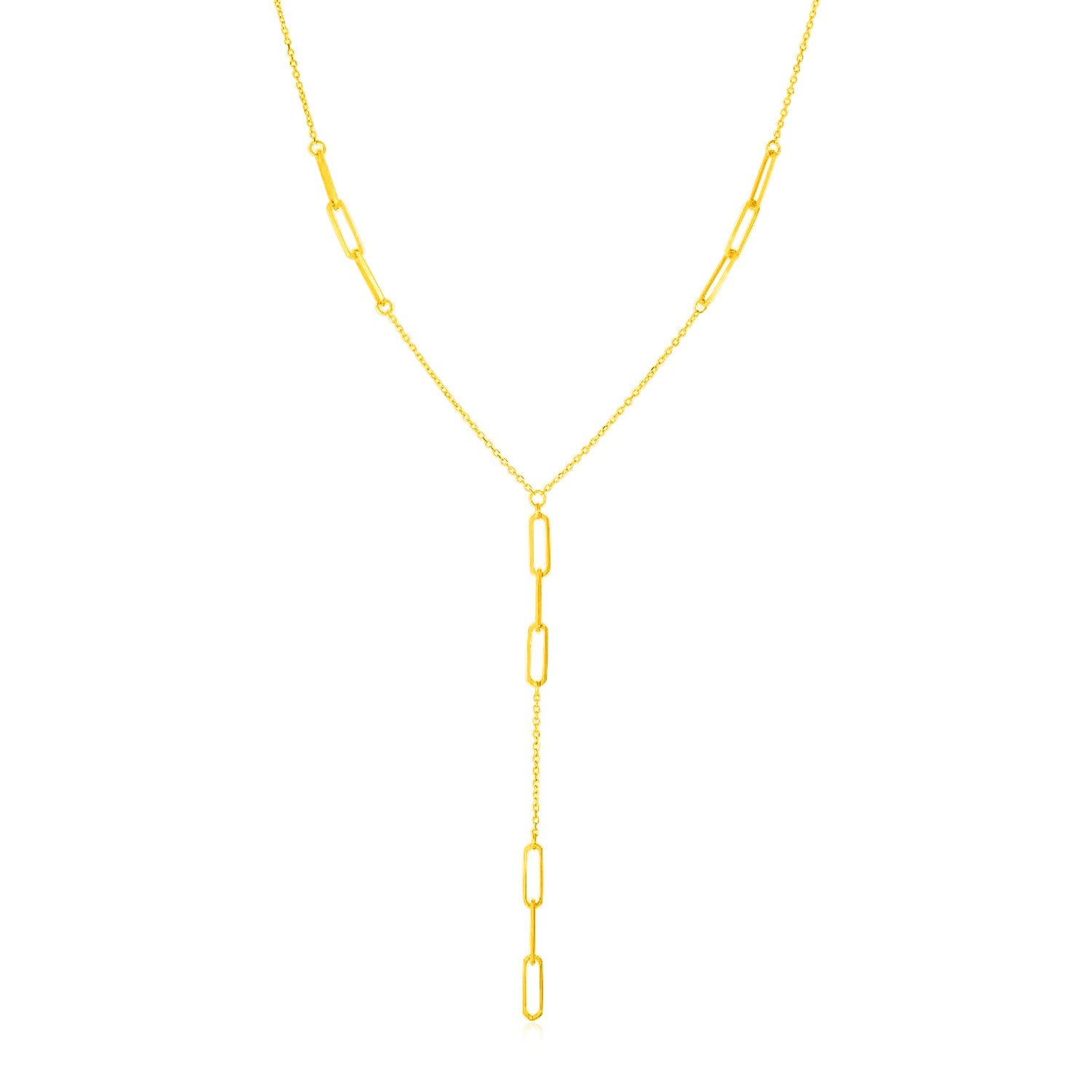 14K Yellow Gold Lariat Necklace with Paperclip Chain Stations-Teresa&#39;s Fashionista LLC