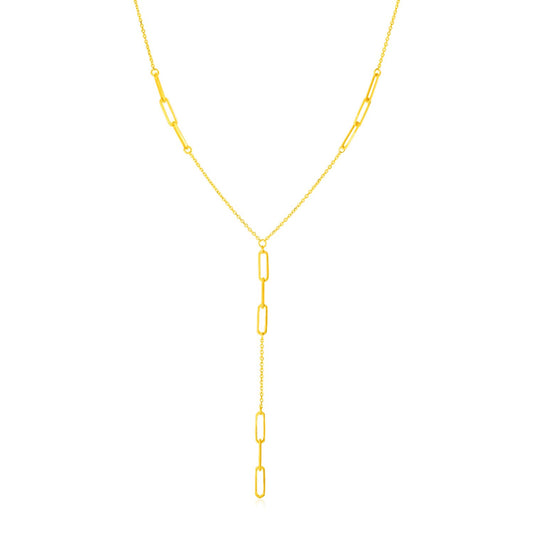 14K Yellow Gold Lariat Necklace with Paperclip Chain Stations-Teresa&#39;s Fashionista LLC