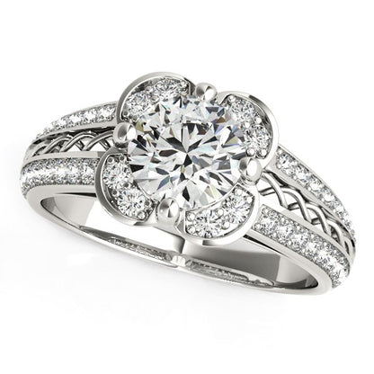 Round Diamond Floral Motif Engagement Ring in 14k White Gold (1 3/8 cttw)-Teresa&#39;s Fashionista LLC