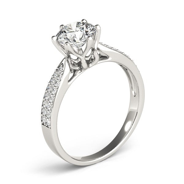 Six Prong 14k White Gold Diamond Engagement Ring with Pave Band (1 5/8 cttw)-Teresa&#39;s Fashionista LLC