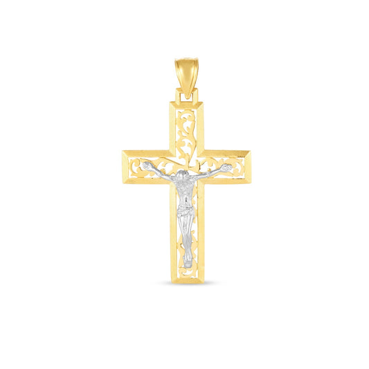 14k Two Tone Gold High Polish Diamond Cut Cross Pendant - Teresa's Fashionista LLC