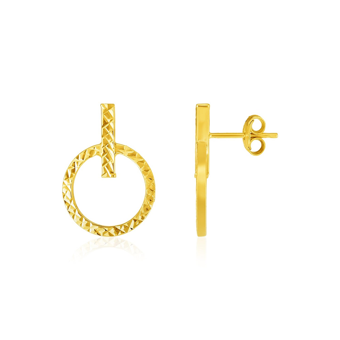 14k Yellow Gold Textured Circle and Bar Post Earrings-Teresa&#39;s Fashionista LLC