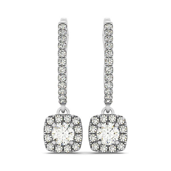 Cushion Shape Halo Style Diamond Drop Earrings in 14k White Gold (1/2 cttw)-Teresa&#39;s Fashionista LLC