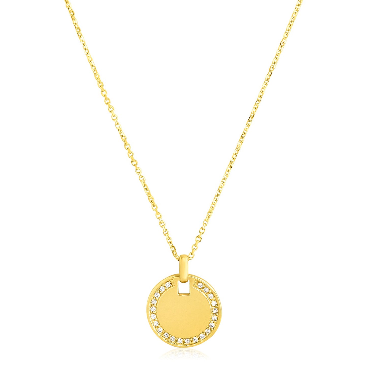 14k Yellow Gold High Polish Diamond Round Disc Tag Necklace-Teresa&#39;s Fashionista LLC