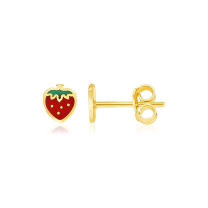 14k Yellow Gold Enameled Strawberry Childrens Earrings-Teresa&#39;s Fashionista LLC