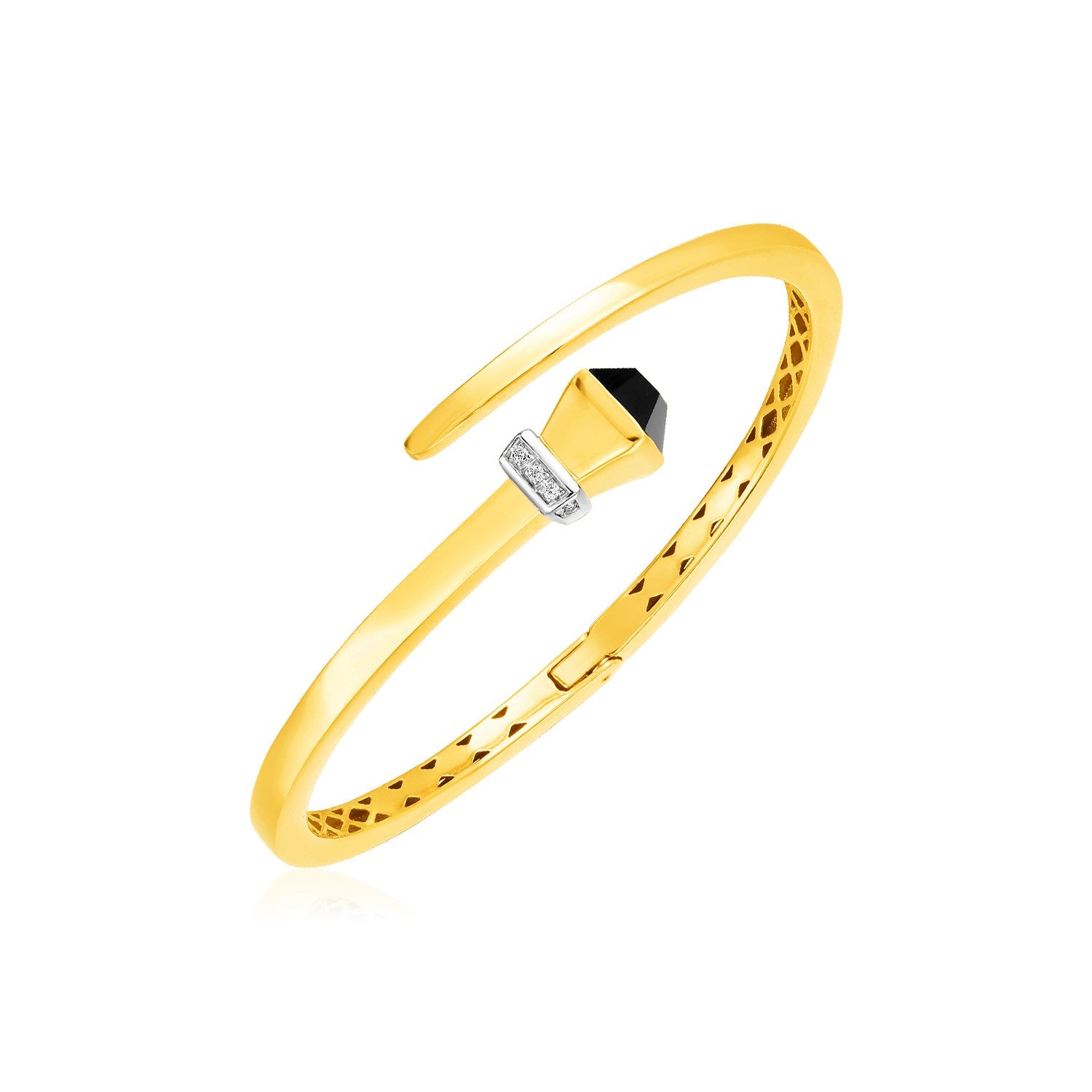 14k Yellow Gold Crossover Style Hinged Bangle Bracelet with Onyx and Diamonds-Teresa&#39;s Fashionista LLC