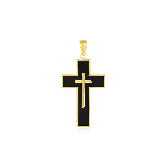 Cross Pendant with Black Enamel in 14k Yellow Gold - Teresa's Fashionista LLC