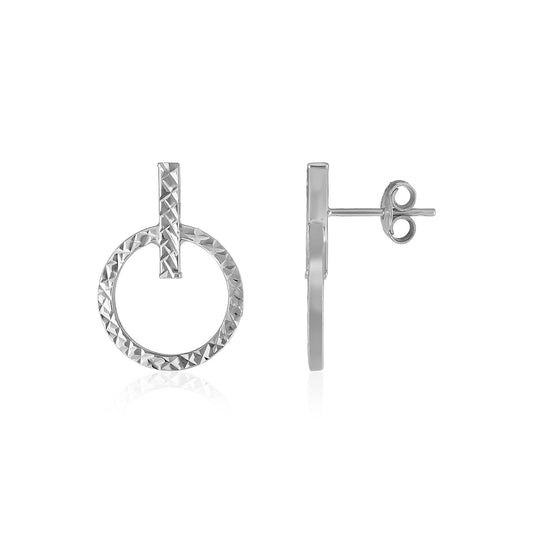 14k White Gold Textured Circle and Bar Post Earrings-Teresa&#39;s Fashionista LLC