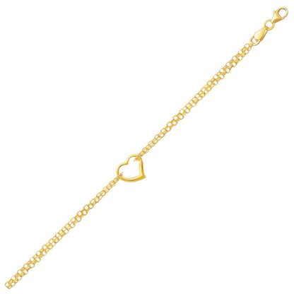 10k Yellow Gold Double Rolo Chain Anklet with an Open Heart Station-Teresa&#39;s Fashionista LLC