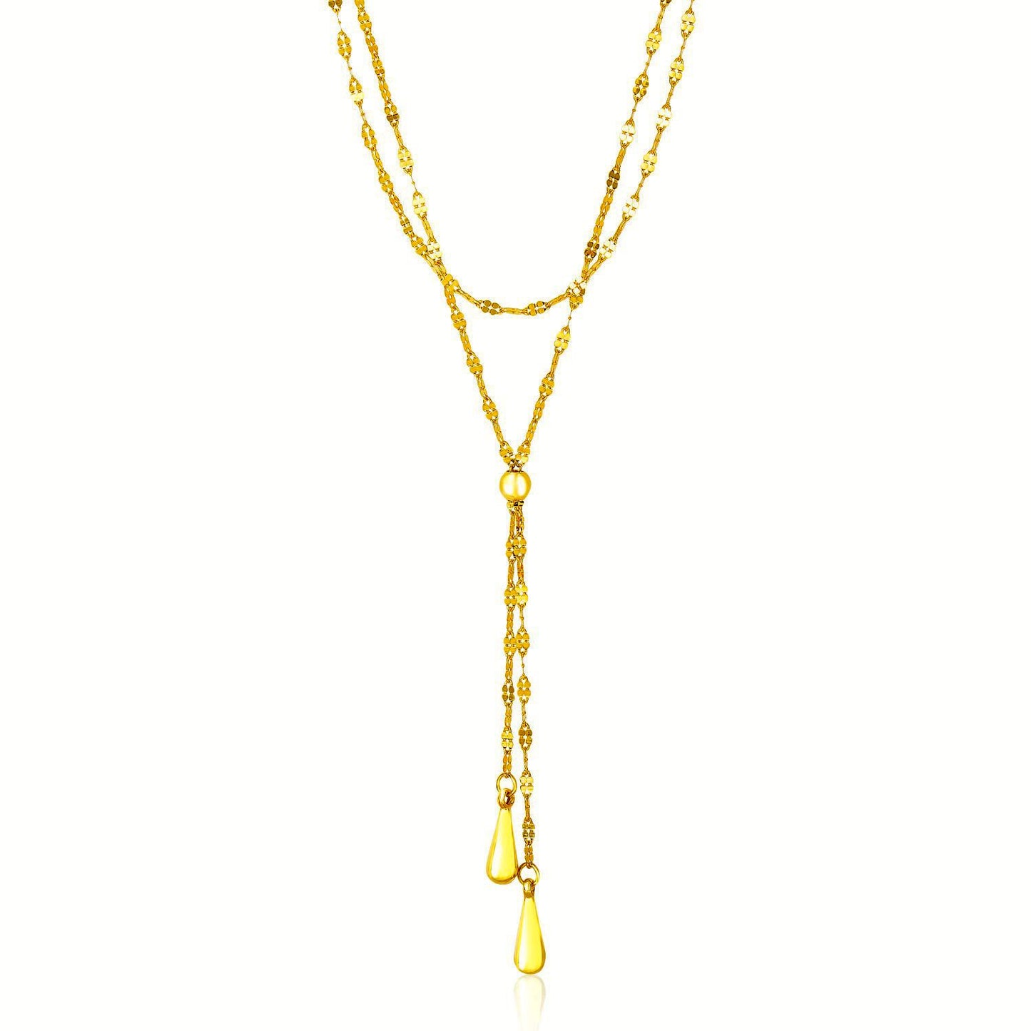 14k Yellow Gold Double Strand Chain with Puffed Heart Lariat Necklace-Teresa&#39;s Fashionista LLC