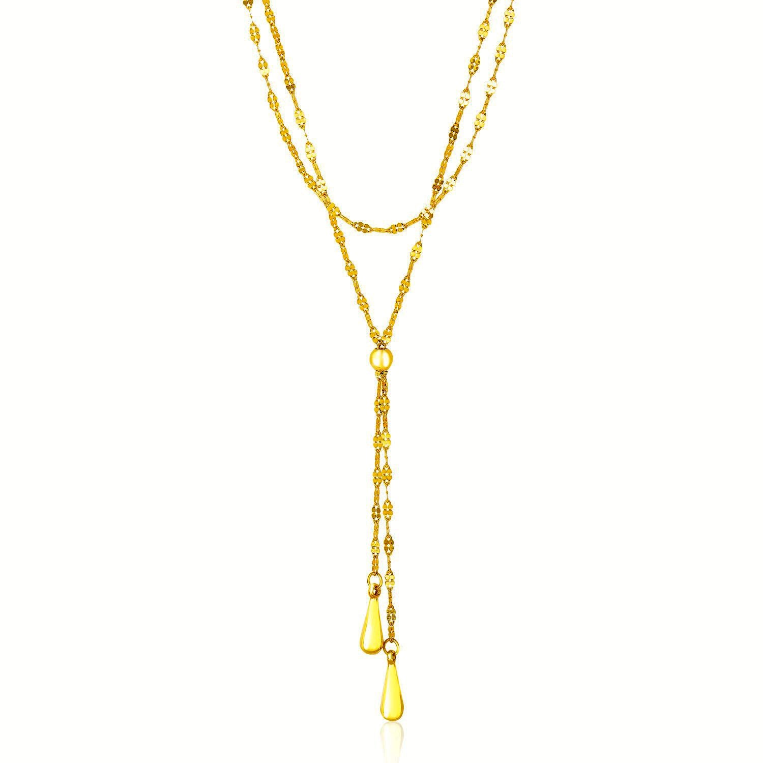 14k Yellow Gold Double Strand Chain with Puffed Heart Lariat Necklace-Teresa&#39;s Fashionista LLC