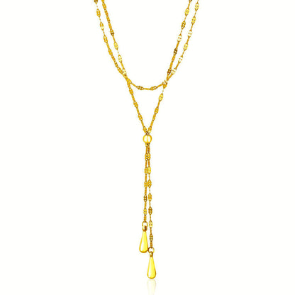 14k Yellow Gold Double Strand Chain with Puffed Heart Lariat Necklace-Teresa&#39;s Fashionista LLC