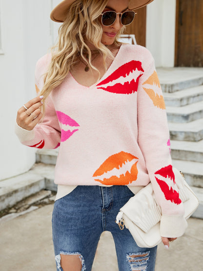 Lip Print V-Neck Knit Top-Teresa&#39;s Fashionista LLC