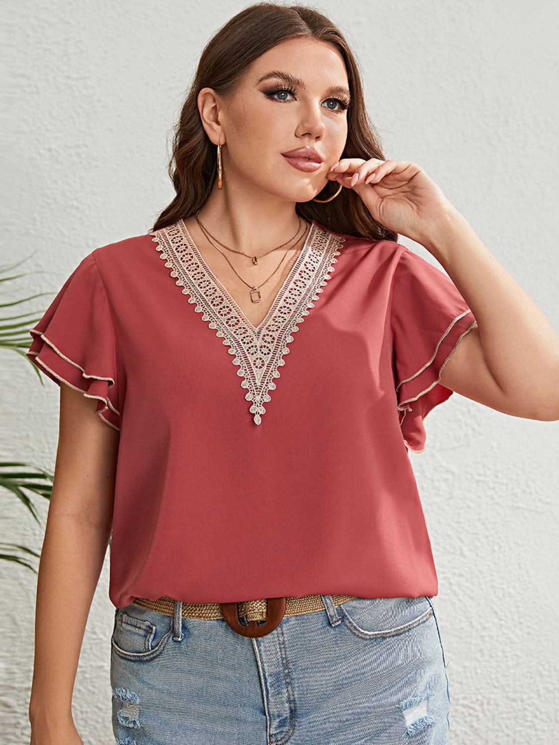 Plus Size Contrast V-Neck Layered Flutter Sleeve Blouse-Teresa&#39;s Fashionista LLC