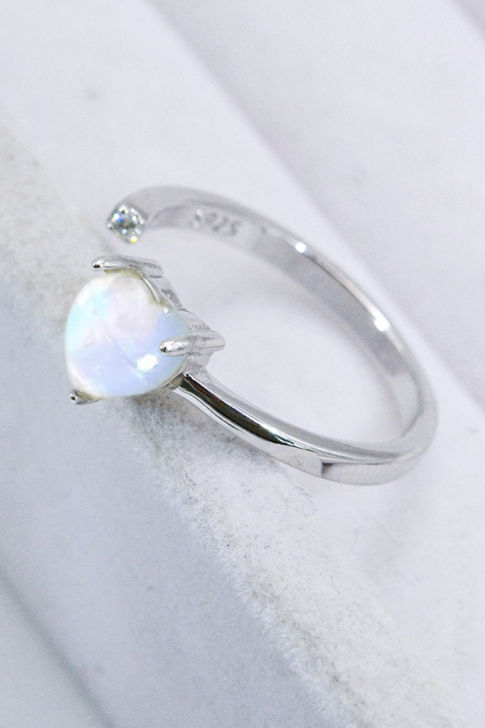 Inlaid Moonstone Heart Adjustable Open Ring-Teresa&#39;s Fashionista LLC