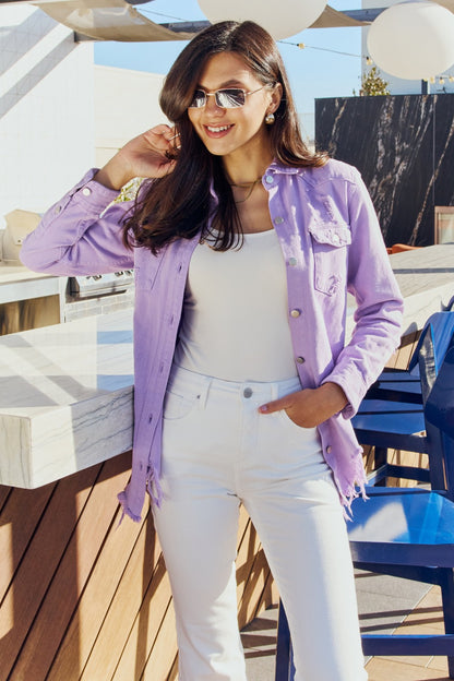 American Bazi Full Size Distressed Button Down Denim Jacket in Lavender-Teresa&#39;s Fashionista LLC