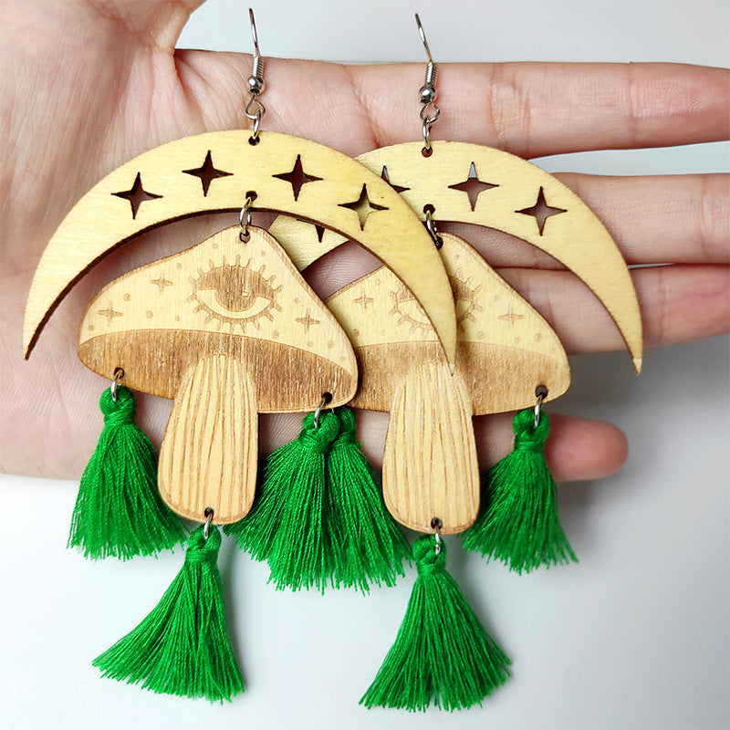 Moon & Mushroom Tassel Detail Dangle Earrings-Teresa&#39;s Fashionista LLC