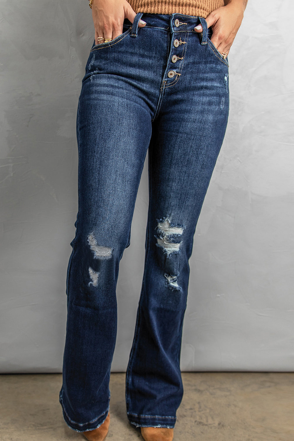 Button Fly Distressed Bootcut Jeans-Teresa&#39;s Fashionista LLC