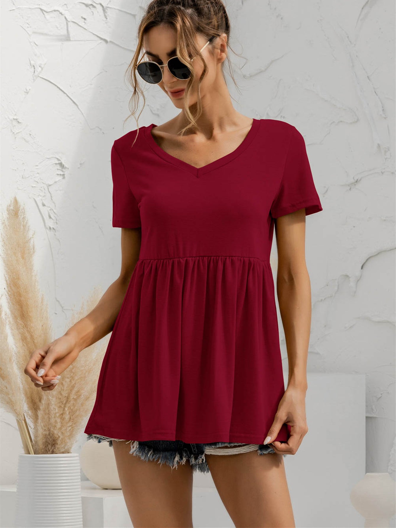 V-Neck Short Sleeve Babydoll Top-Teresa&#39;s Fashionista LLC