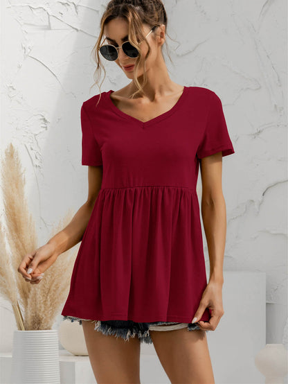 V-Neck Short Sleeve Babydoll Top-Teresa&#39;s Fashionista LLC