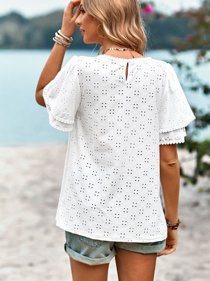 Eyelet Round Neck Puff Sleeve Blouse-Teresa&#39;s Fashionista LLC