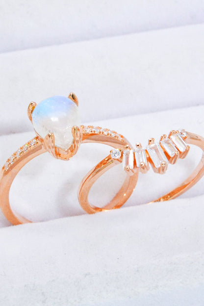 Natural Moonstone and Zircon 18K Rose Gold-Plated Two-Piece Ring Set-Teresa&#39;s Fashionista LLC