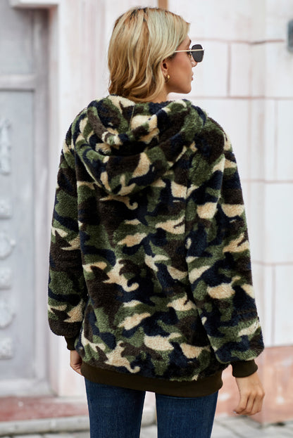 Camouflage Half Zip Fuzzy Hoodie-Teresa&#39;s Fashionista LLC