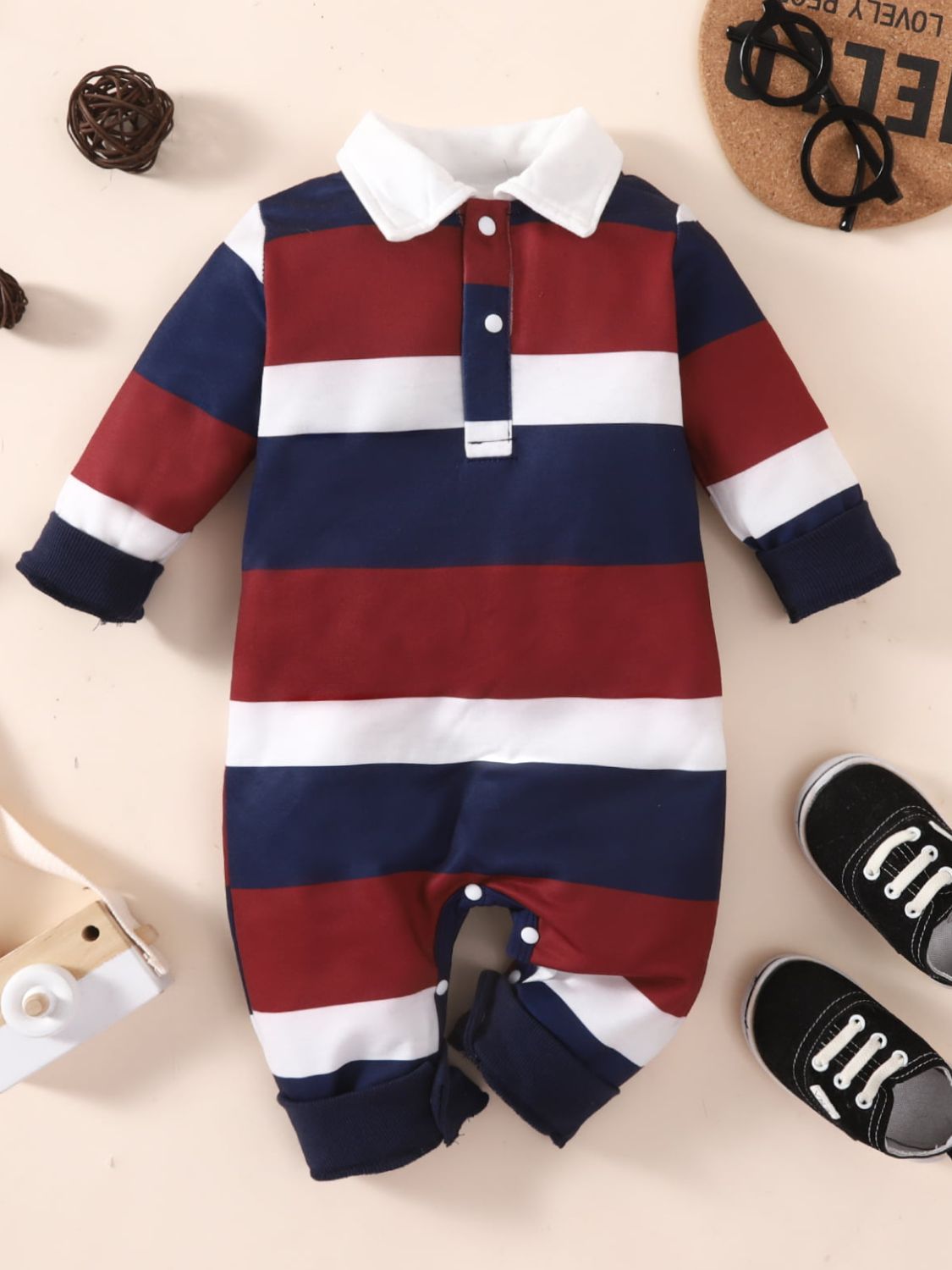 Baby Striped Collared Neck Jumpsuit-Teresa&#39;s Fashionista LLC