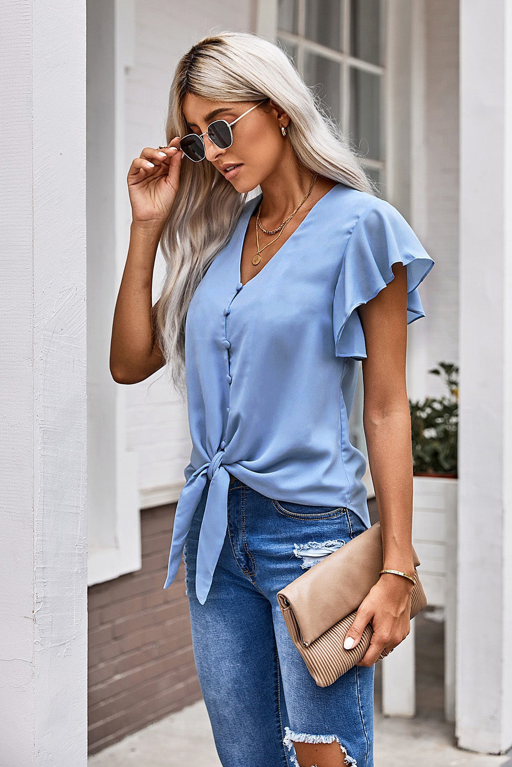 V-Neck Tie Hem Flutter Sleeve Blouse-Teresa&#39;s Fashionista LLC