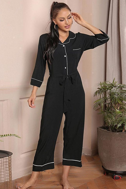 Contrast Belted Lapel Collar Jumpsuit-Teresa&#39;s Fashionista LLC