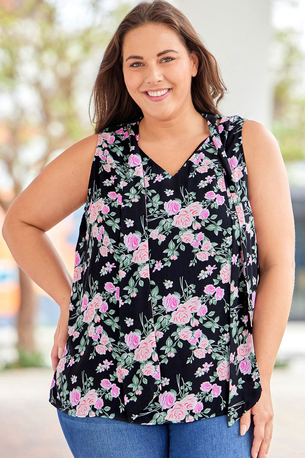 Plus Size Floral Tie Neck Tank-Teresa&#39;s Fashionista LLC