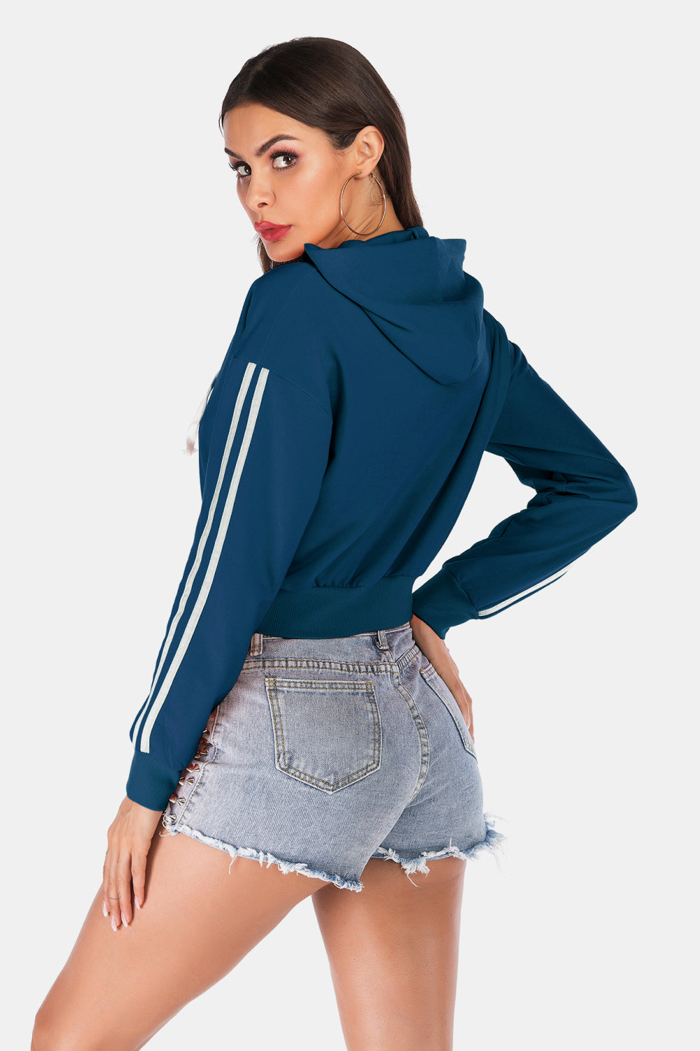 Side Stripe Drawstring Cropped Hooded Jacket-Teresa&#39;s Fashionista LLC