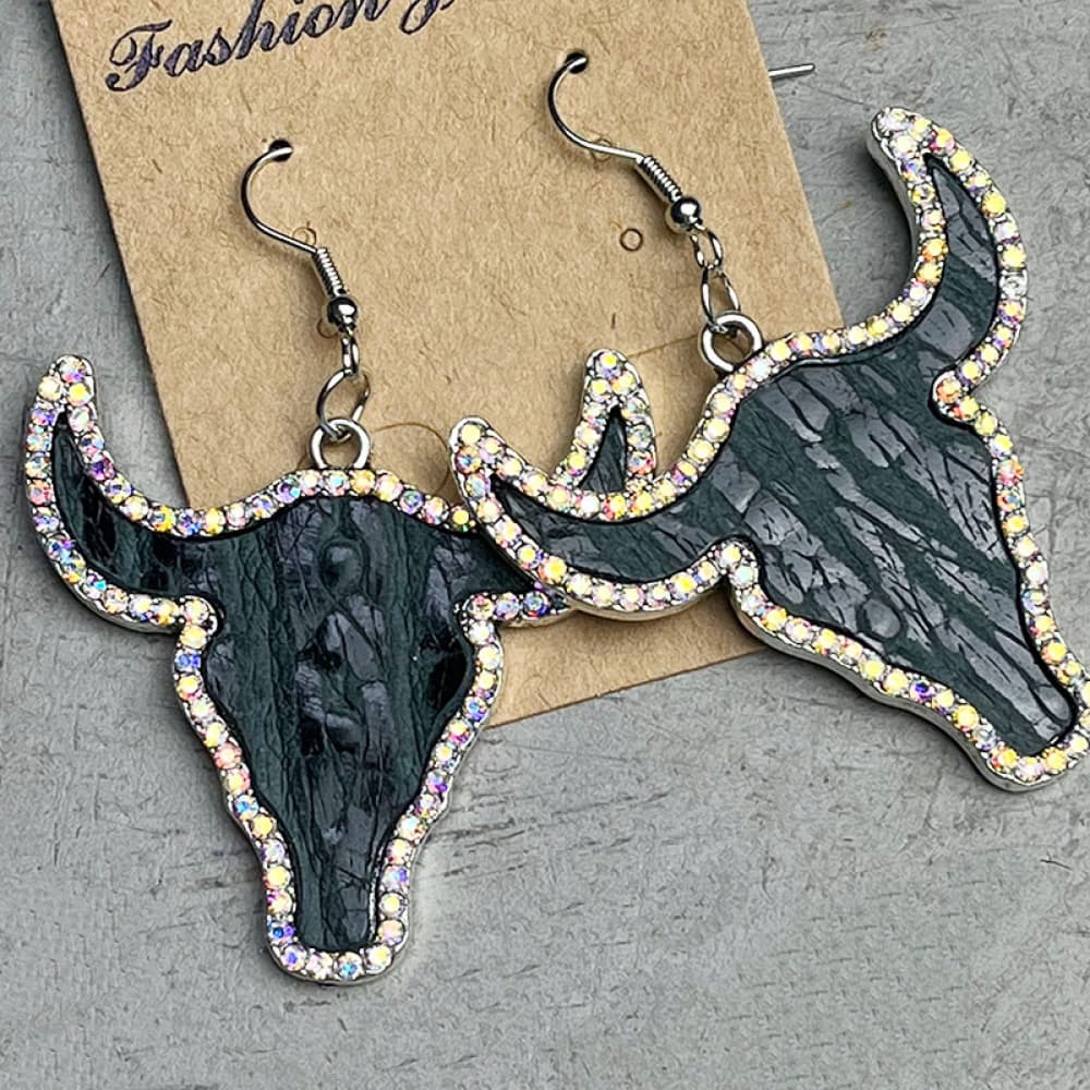 Rhinestone Trim Alloy Bull Earrings-Teresa&#39;s Fashionista LLC