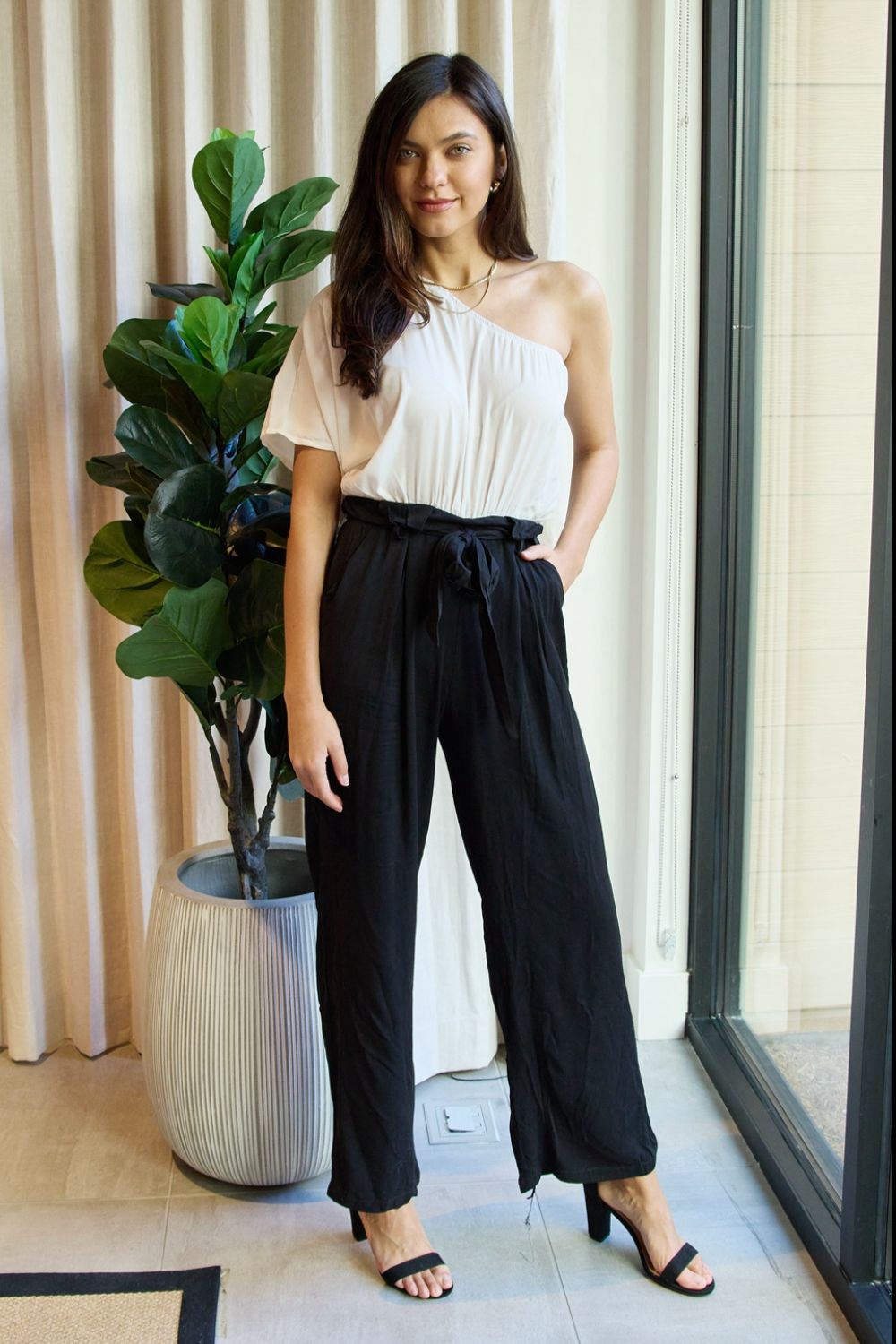 Dress Day Marvelous in Manhattan One-Shoulder Jumpsuit in White/Black-Teresa&#39;s Fashionista LLC