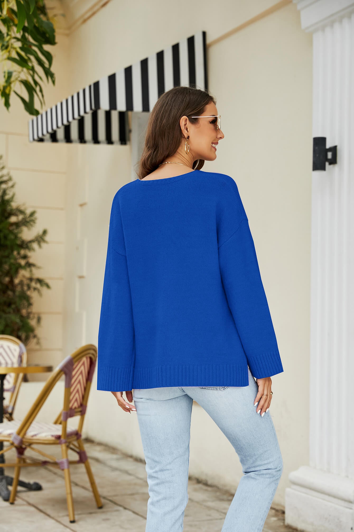 Drop Shoulder V-Neck Knit Pullover-Teresa&#39;s Fashionista LLC