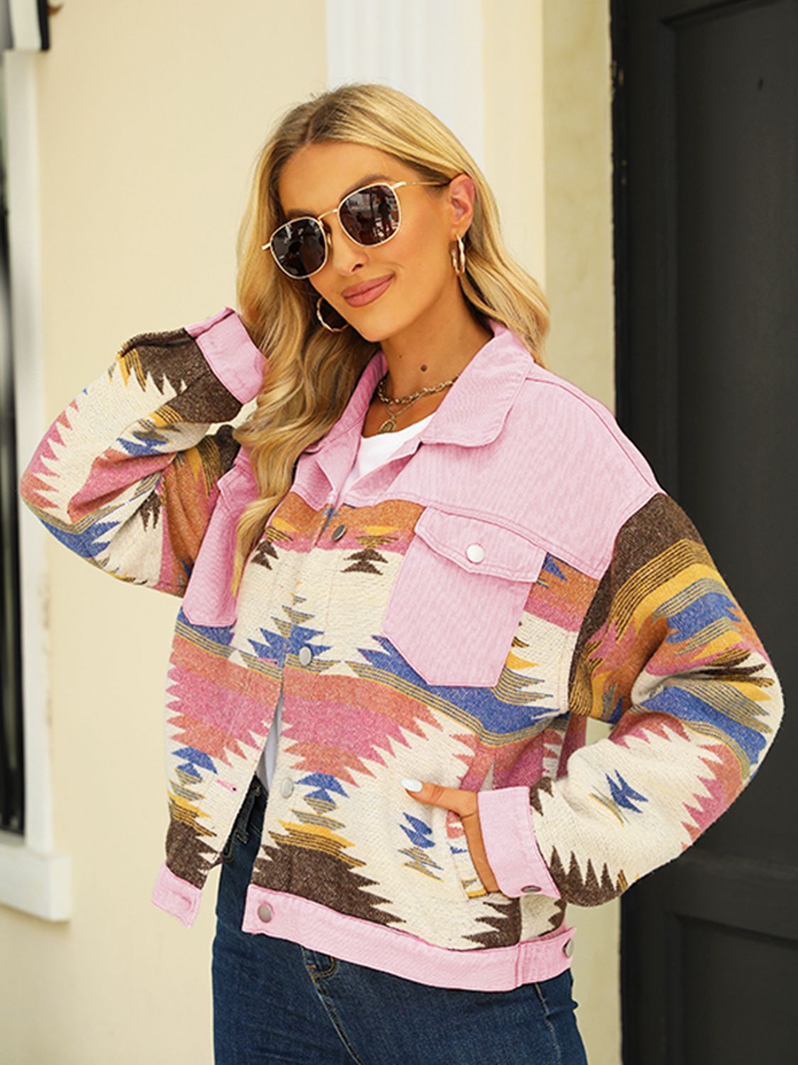 Printed Dropped Shoulder Long Sleeve Denim Jacket-Teresa&#39;s Fashionista LLC