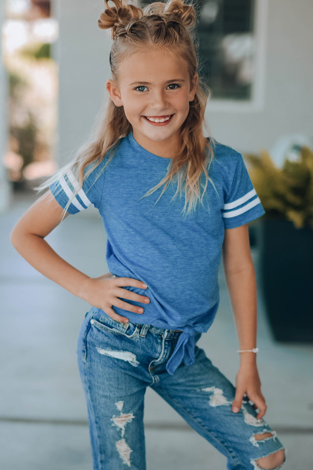 Girls Striped Tie Front T-Shirt-Teresa&#39;s Fashionista LLC