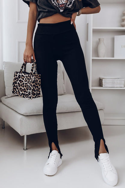 High Waist Ribbed Slit Leggings-Teresa&#39;s Fashionista LLC