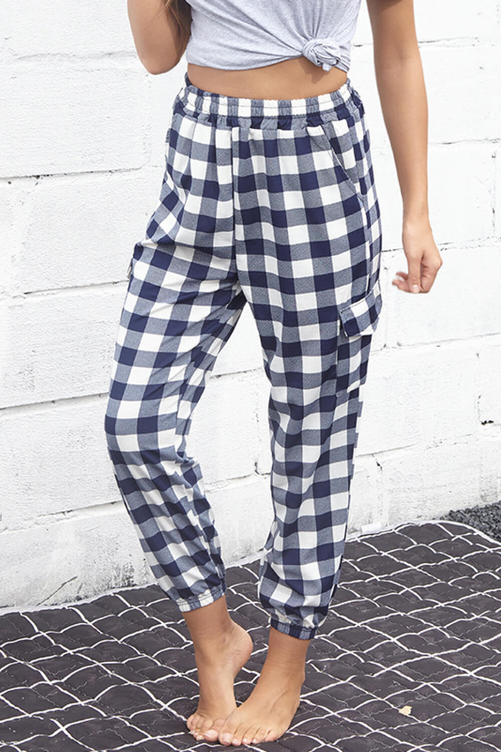 Plaid Elastic High Waist Cargo Pants-Teresa&#39;s Fashionista LLC