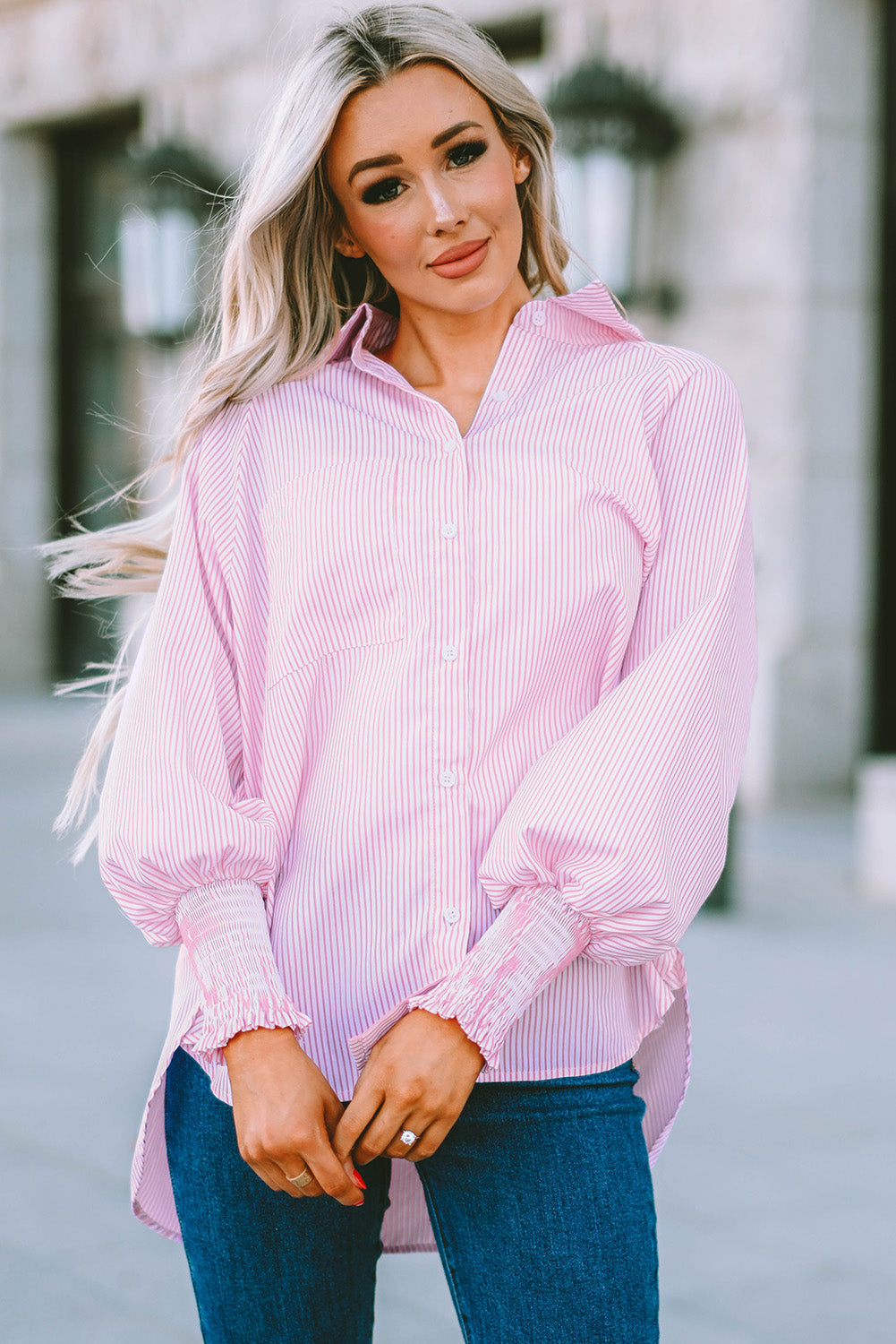 Striped Lantern Sleeve Collared Shirt-Teresa&#39;s Fashionista LLC