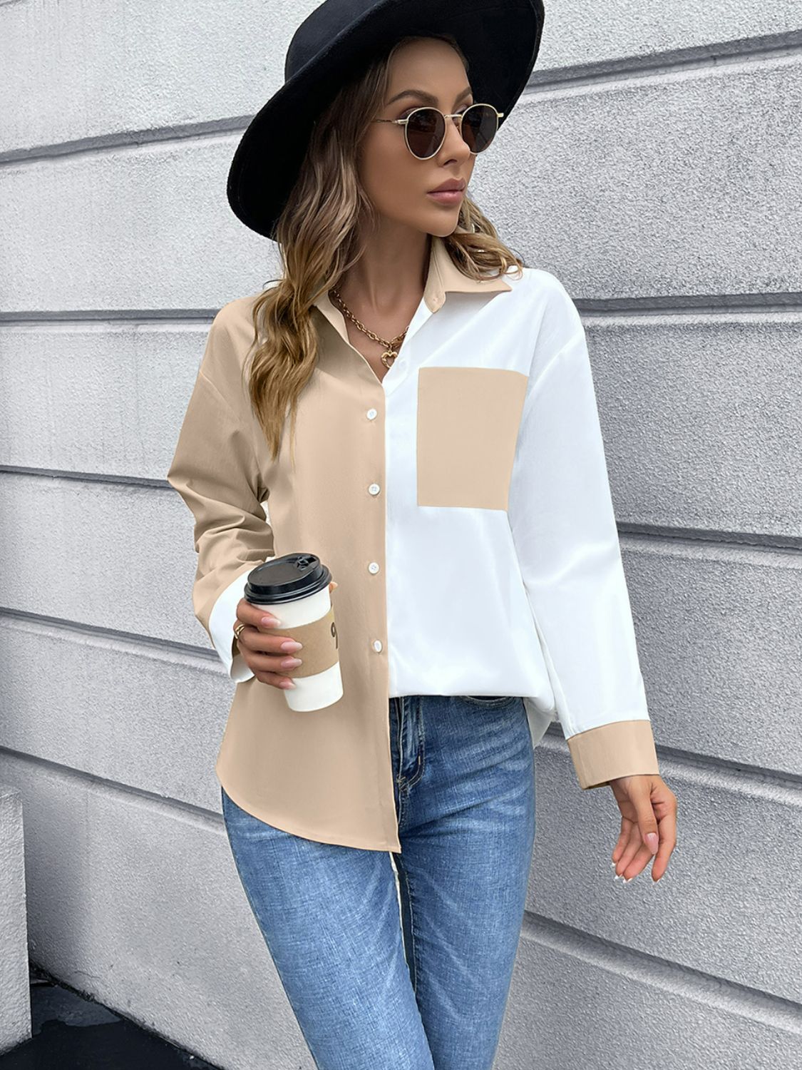 Color Block Button Down Shirt-Teresa&#39;s Fashionista LLC