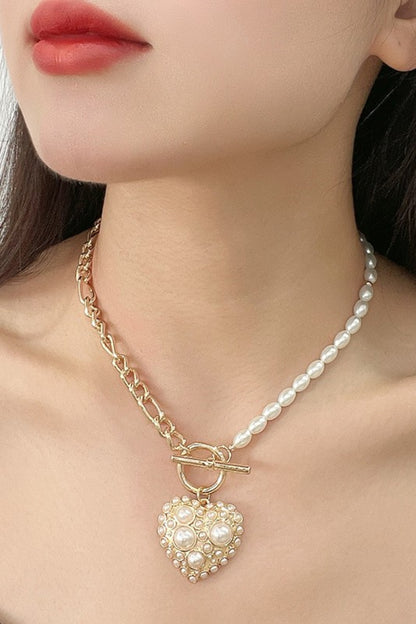 Heart Pendant Half Chain Half Pearl Necklace-Teresa&#39;s Fashionista LLC