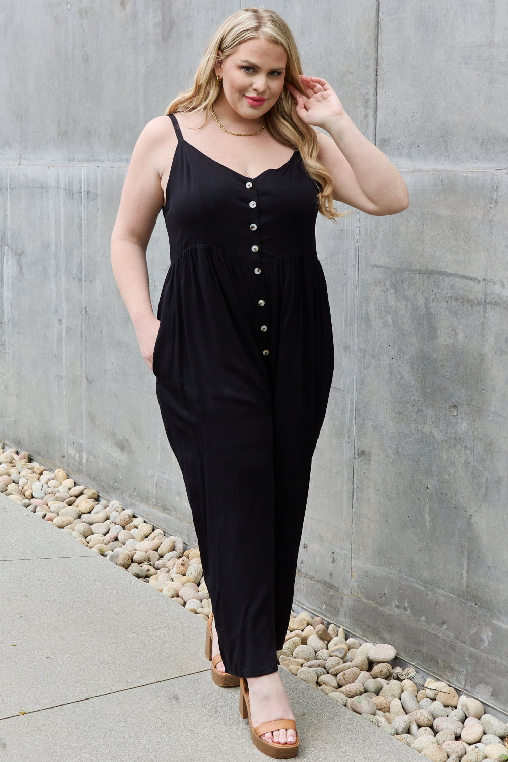 HEYSON All Day Full Size Wide Leg Button Down Jumpsuit in Black-Teresa&#39;s Fashionista LLC