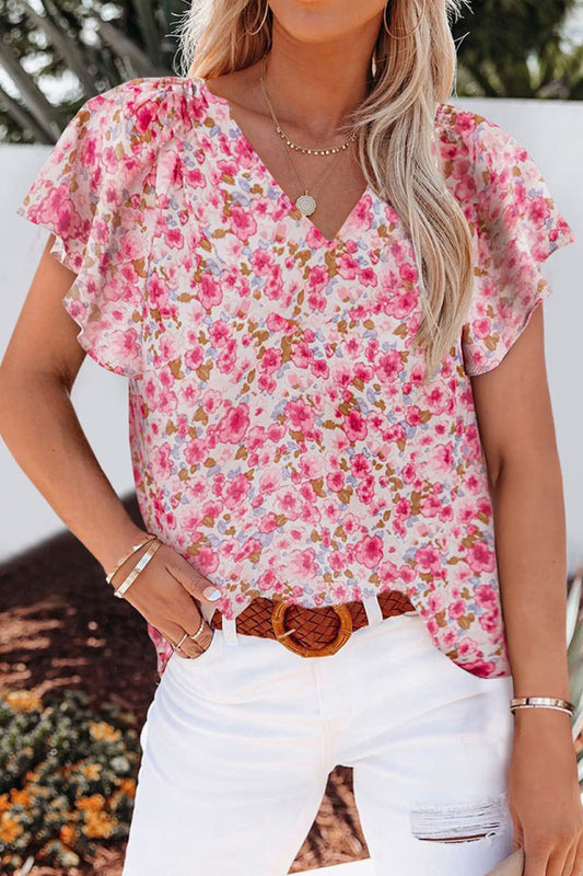 Floral V-Neck Flutter Sleeve Blouse-Teresa&#39;s Fashionista LLC