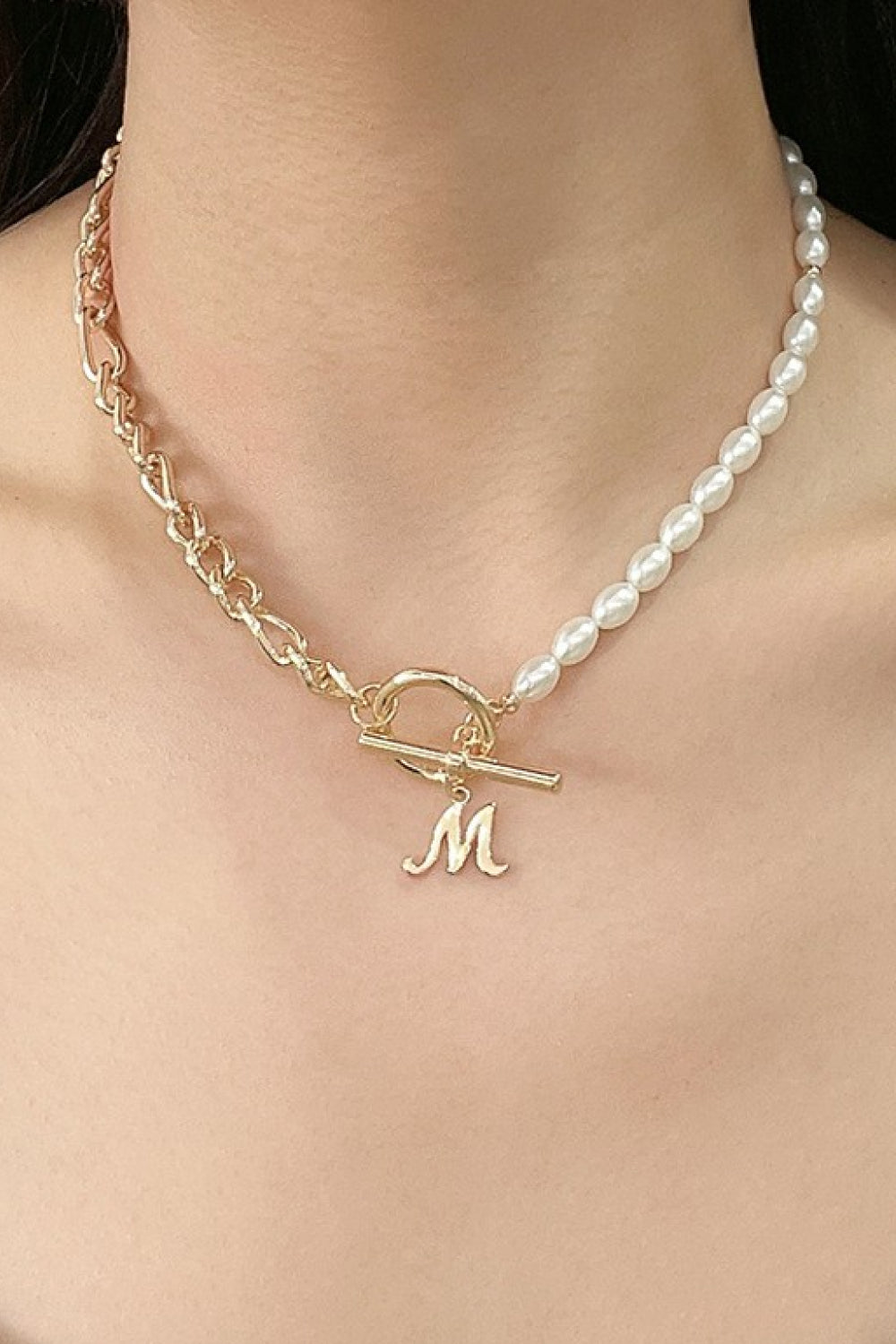 Alphabet M Pendant Half Pearl and Half Chain Necklace-Teresa&#39;s Fashionista LLC