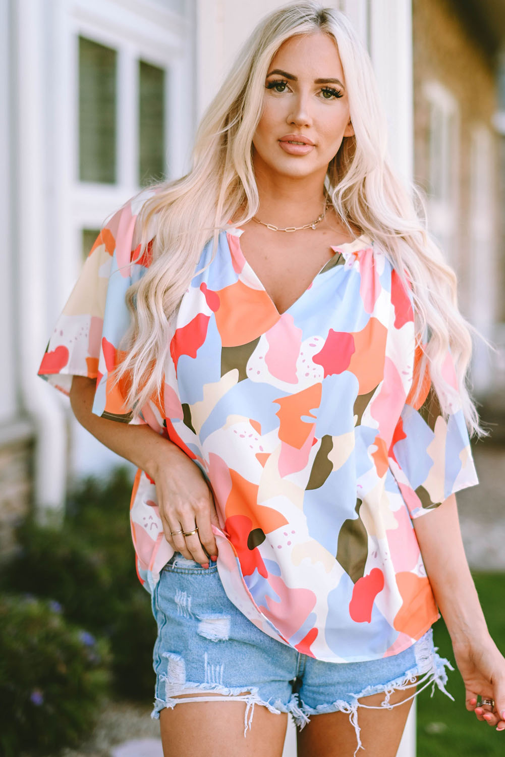 Printed Notched Neck Half Sleeve Blouse-Teresa&#39;s Fashionista LLC